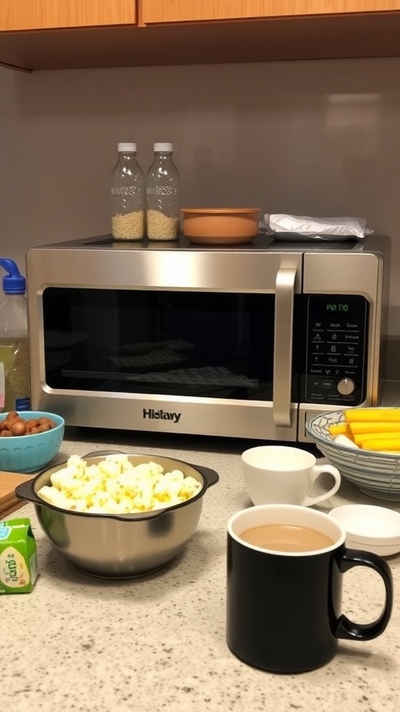 A sleek microwave oven on a kitchen counter with popcorn and coffee, showcasing microwave cooking convenience.